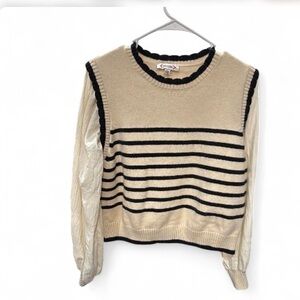 Nanette Lepore Beige and Black Striped Knit Sweater Vest with Attached Sleeves
